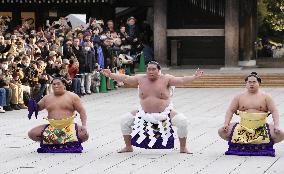 Sumo: Ring-entering rite at shrine in Tokyo