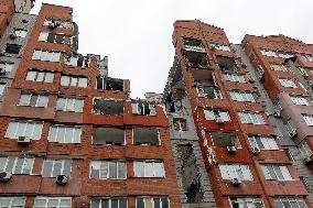 Apartment block damaged by Russian missile attack in Dnipro