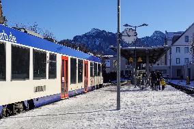 Bavarian Train Station With BRB Train In Winter