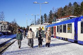 Bavarian Train Station With BRB Train In Winter