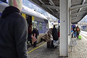 Travelers At Kufstein Station In Austria