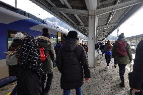 Travelers At Kufstein Station In Austria