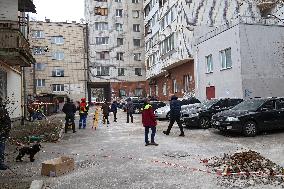 Russian drone debris falls on Kyiv apartment building