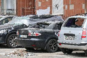 Russian drone debris falls on Kyiv apartment building