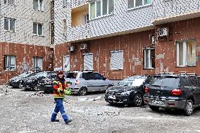 Russian drone debris falls on Kyiv apartment building