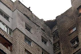 Russian drone debris falls on Kyiv apartment building