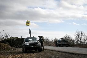 Ukrainian police officers at roadblock in Zaporizhzhia region