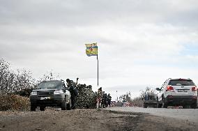 Ukrainian police officers at roadblock in Zaporizhzhia region
