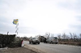 Ukrainian police officers at roadblock in Zaporizhzhia region