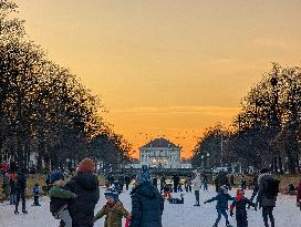 Nymphenburg Palace Canal Crowds On Ice