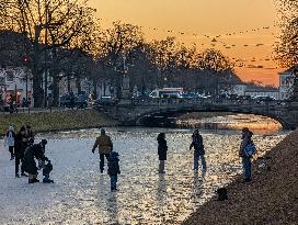 Nymphenburg Palace Canal Crowds On Ice