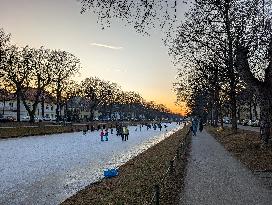 Nymphenburg Palace Canal Crowds On Ice