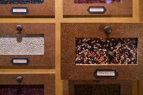 Wooden Drawers Displaying Bulk Legumes In Locorotondo, Italy