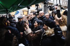 Matteo Salvini Meets The Citizens At The Gazebo Of The Lega In Milan