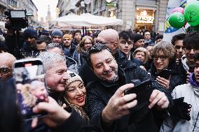 Matteo Salvini Meets The Citizens At The Gazebo Of The Lega In Milan