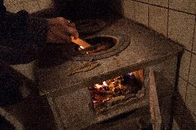 A Free-standing Wood Stove Seen In The Polish Countryside In Debe Wielkie