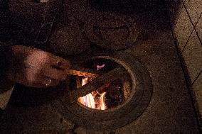 A Free-standing Wood Stove Seen In The Polish Countryside In Debe Wielkie