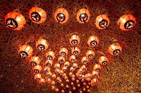 Lanterns Hanging in Bamboo Weaving Tunnels in Chongqing