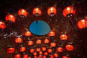 Lanterns Hanging in Bamboo Weaving Tunnels in Chongqing