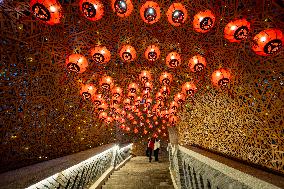 Lanterns Hanging in Bamboo Weaving Tunnels in Chongqing