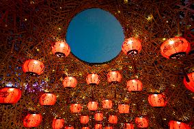Lanterns Hanging in Bamboo Weaving Tunnels in Chongqing