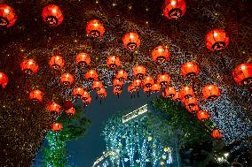 Lanterns Hanging in Bamboo Weaving Tunnels in Chongqing
