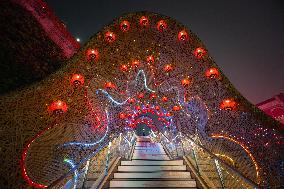 Lanterns Hanging in Bamboo Weaving Tunnels in Chongqing