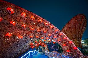 Lanterns Hanging in Bamboo Weaving Tunnels in Chongqing