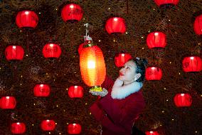 Lanterns Hanging in Bamboo Weaving Tunnels in Chongqing