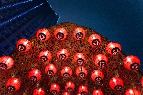 Lanterns Hanging in Bamboo Weaving Tunnels in Chongqing