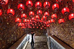 Lanterns Hanging in Bamboo Weaving Tunnels in Chongqing