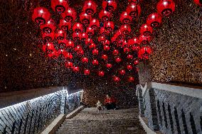 Lanterns Hanging in Bamboo Weaving Tunnels in Chongqing