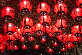 Lanterns Hanging in Bamboo Weaving Tunnels in Chongqing