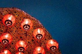 Lanterns Hanging in Bamboo Weaving Tunnels in Chongqing