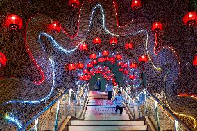 Lanterns Hanging in Bamboo Weaving Tunnels in Chongqing