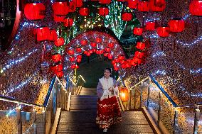 Lanterns Hanging in Bamboo Weaving Tunnels in Chongqing