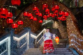 Lanterns Hanging in Bamboo Weaving Tunnels in Chongqing