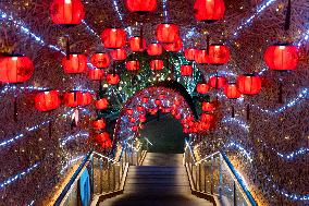 Lanterns Hanging in Bamboo Weaving Tunnels in Chongqing