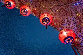 Lanterns Hanging in Bamboo Weaving Tunnels in Chongqing