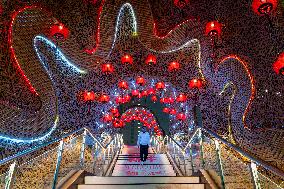 Lanterns Hanging in Bamboo Weaving Tunnels in Chongqing