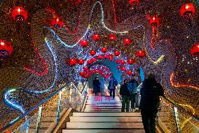 Lanterns Hanging in Bamboo Weaving Tunnels in Chongqing