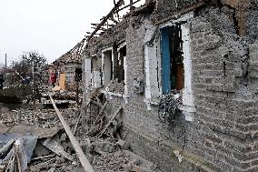 Aftermath of Russian shelling in Yasnohirka village in eastern Ukraine