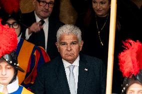 Panama's President Jose Raul Mulino Quintero Arrives For His Meeting With Pope Francis At The Vatican