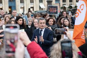 Gerald Darmanin talks to court clerks protesting at Place Vendome - Paris