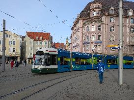 Tram Traffic In The Bavarian City Of Augsburg