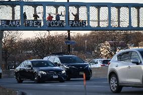 Protest On Highway Overpass Near New York City On President Donald J. Trump Immigration Crackdown