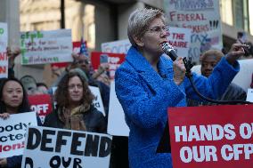 Protesters Gathers At The Consumer Financial Protection Bureau Headquarters To Protest Against Elon Musk And President Donald Tr