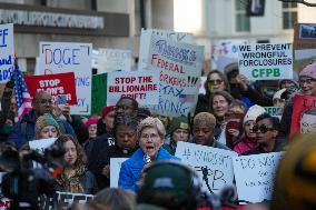 Protesters Gathers At The Consumer Financial Protection Bureau Headquarters To Protest Against Elon Musk And President Donald Tr
