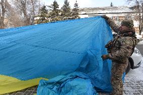 50-metre Ukrainian flag evacuated from front-line Pokrovsk