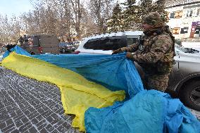 50-metre Ukrainian flag evacuated from front-line Pokrovsk